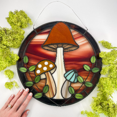 Stained Glass Leafy Mushroom Trio Panel