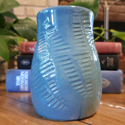 Handmade Ceramic Mug - Carved Fern - Blue