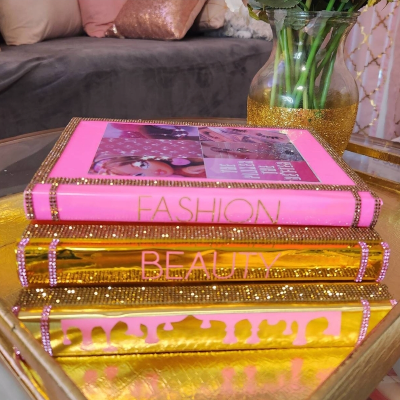 Coffee Table Book Stack (Set Of 3). Glam Book Stack. Hot Pink & Metallic Gold Books, Bling Decor, Glam Home Decor. Makeup Room Decor