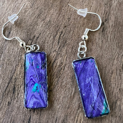 Handcrafted Acrylic And Alcohol Ink Art Jewelry Set - Stainless Steel Earrings, Adjustable Cuff Bracelet, And Pendant - Abstract Purple Swirl Design