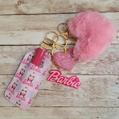 Barbie Silicone Ring Heart Pom Pom Keychain With Lipstick Holder 0