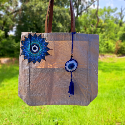 Mandala Greek Evil Eye Blue White Tote Bag