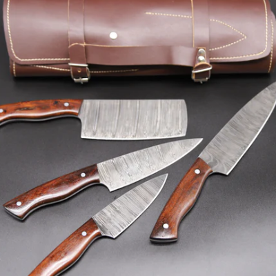 Hand Forged Damascus Steel 4 Piece Chef's Knife Set