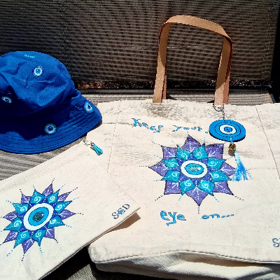 Hand-Painted Turkish Eye Tote Bag And Bucket Hat Set