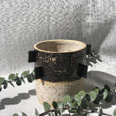 Ceramic Vase With Hand Built Rectangular Spikes- Black Cobblestone And Speckled Clay