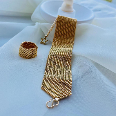 Handmade Gold Miyuki Mesh Jewelry Set – Dangle Earrings, Bracelet, Ring & Necklace