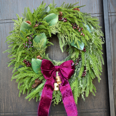 Holiday Line - Classic Christmas Moody Wreath, Burgundy Velvet Bow, Gold Bells, Magnolias, Berries Holiday Greenery