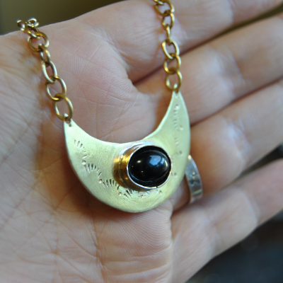 Onyx Brass Moon Necklace