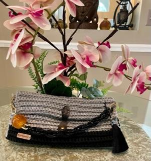 Handcrafted Gray And Black Crochet Clutch
