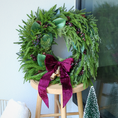 Holiday Line - Classic Christmas Moody Wreath, Burgundy Velvet Bow, Gold Bells, Magnolias, Berries Holiday Greenery