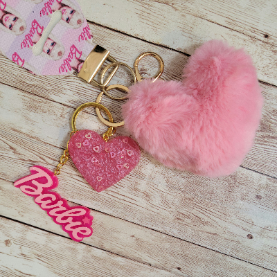 Barbie Silicone Ring Heart Pom Pom Keychain With Lipstick Holder 0