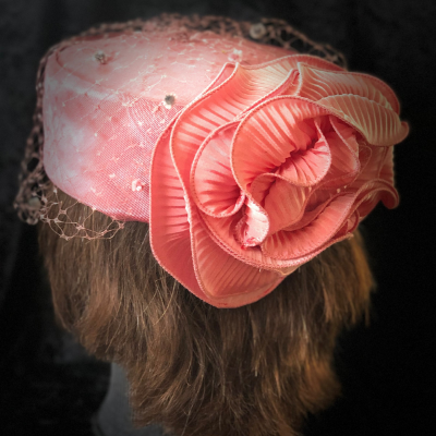 Pink Pillbox With Netting And Rose Bow