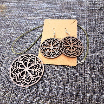 Wooden Engraved Lotus Flower Mandala Earrings, Rustic, Laser Cut, Rustic, Bridal