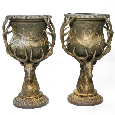 Spectacular Solid Bronze Stag's Head Planter Urns