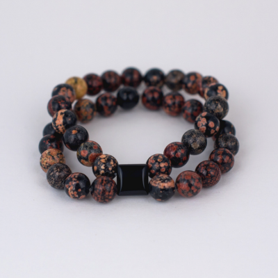 Red Snowflake Obsidian + Black Onyx Double Banded Stretchy Bracelet