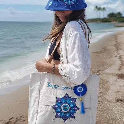 Hand-Painted Turkish Eye Tote Bag And Bucket Hat Set