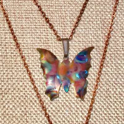 Flame Painted Copper Butterfly Pendant