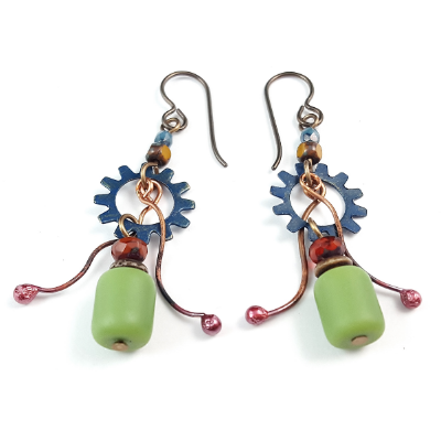 Custom Patina Links, Layered Gears, And Czech Glass Drop Earrings