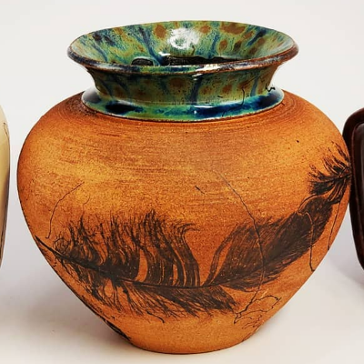 Feather And Horse Hair Raku Vase