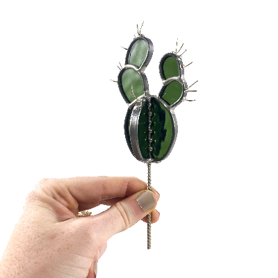 Stained Glass Prickly Pear Cactus Planter Stake