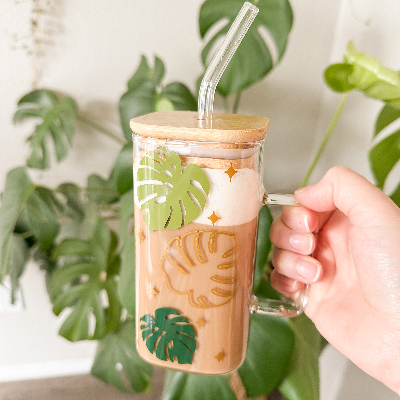 Square Glass Cup With Bamboo Lid And Glass Straws