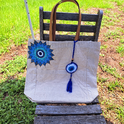 Mandala Greek Evil Eye Blue White Tote Bag
