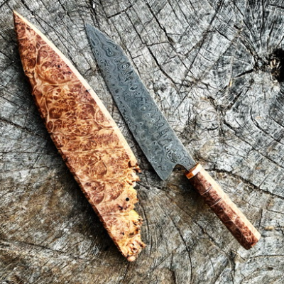 Damascus Steel Chef Knife, Maple Burl Saya