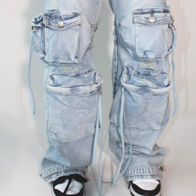 Light Wash Distressed Cargo Jeans