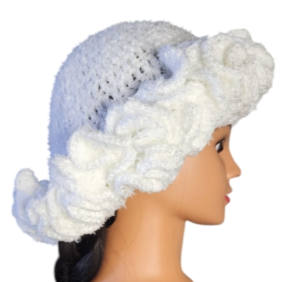 Fluffy Ruffled Handmade Crochet Hat White