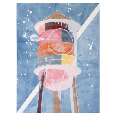 Hand Painted And Screen Printed Water Tower On Wood Panel