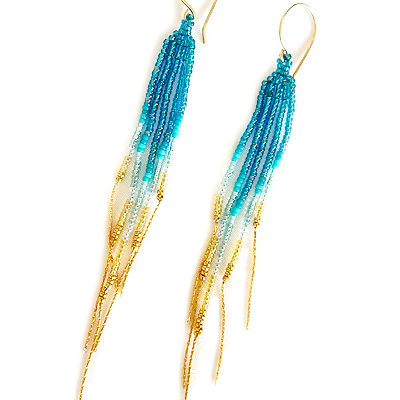 Turquoise Blue 14k Beadwork Fringe Earrings Or Lariart Necklaace