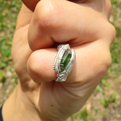 Sterling Silver Wire Wrap Green Tourmaline Ring Handmade Size N