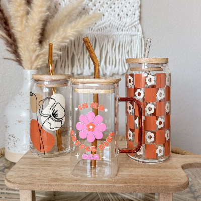 Beer Can Glass With Bamboo Lid And Glass Straw Square Cup 17 Oz,16oz And 20oz