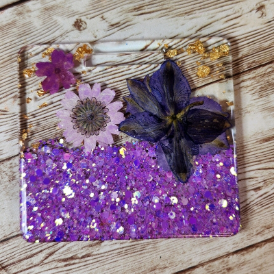 Purple Presed Flower & Glitter Horizontal Badge Buddy For Medical Professionals. Rn Nurse Badge Buddy. Acrylic And Resin Glitter Badge Buddy