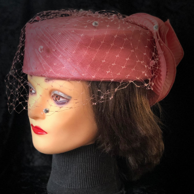 Pink Pillbox With Netting And Rose Bow
