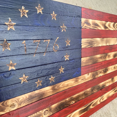 Rustic Wooden American Flag With Hand-Carved Stars