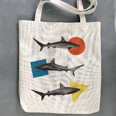 Hand-Printed Three Sharks Tote Bag