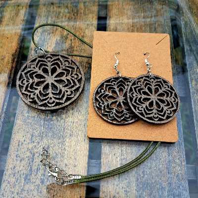 Wooden Engraved Lotus Flower Mandala Earrings, Rustic, Laser Cut, Rustic, Bridal