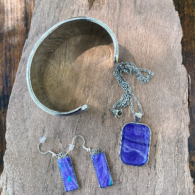 Handcrafted Acrylic And Alcohol Ink Art Jewelry Set - Stainless Steel Earrings, Adjustable Cuff Bracelet, And Pendant - Abstract Purple Swirl Design