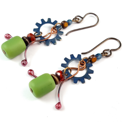 Custom Patina Links, Layered Gears, And Czech Glass Drop Earrings
