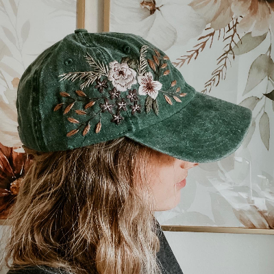 Hand Embroidered Floral Baseball Cap