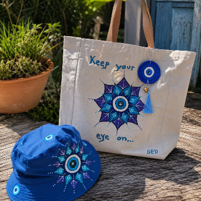 Hand-Painted Turkish Eye Tote Bag And Bucket Hat Set
