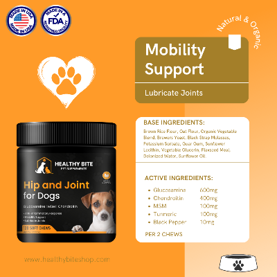 Healthy Bite Hip & Joint For Dogs - Premium Organic & Natural Soft Chews Lubricate Joints, Supports Mobility & Flexibility, Turmeric, Glucosamine, Chondroitin, Msm, Bacon Flavor, 120 Count