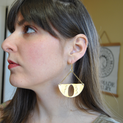 Golden Moon Stamped Earrings With Oval