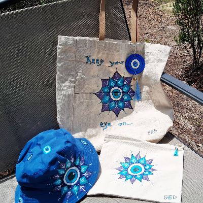 Hand-Painted Turkish Eye Tote Bag And Bucket Hat Set