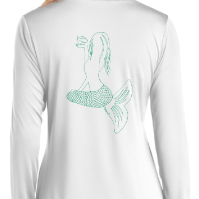 Women's Upf50 White Moisture Wicking Shirt With Green Mermaid Design