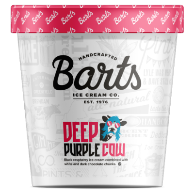 Barts Handcrafted Ice Cream Box 4 Top Flavors - Deep Purple Cow, Three Geeks And A Red Head, Caramel Heath Crunch, Moose Trails