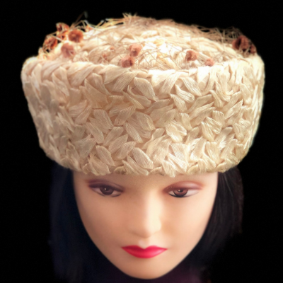 Sue Lee By Irving Braided Rattan Pillbox Hat W/ Netting