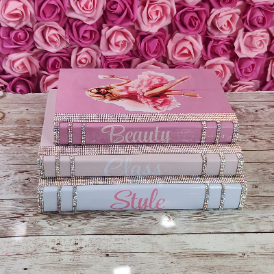 Coffee Table Book Stack (Set Of 3). Glam Book Stack. Light Pink,  Pink & White Books. Makeup Room Decor