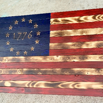 Rustic Wooden American Flag With Hand-Carved Stars